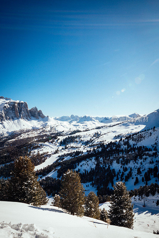 垂直图像的滑雪斜坡在Val Di Fassa在Dolomites，意大利